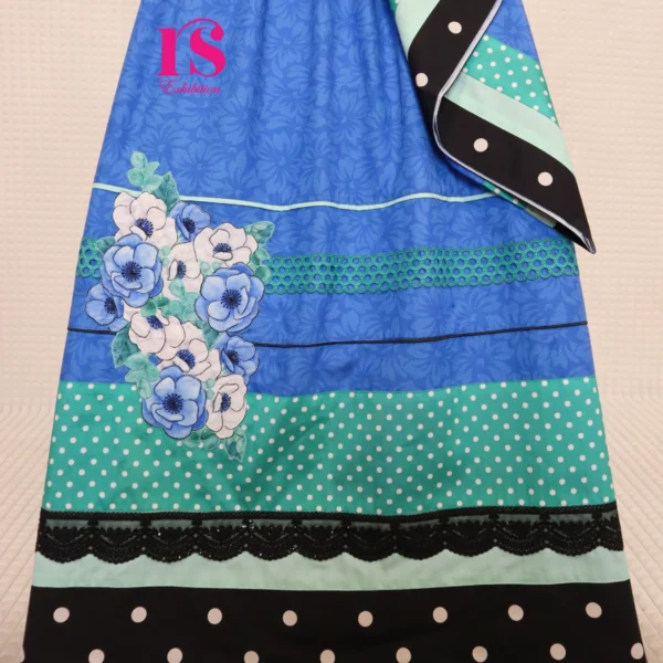 Blue Color Nice Patches Work with Panel Lace And Black Lace