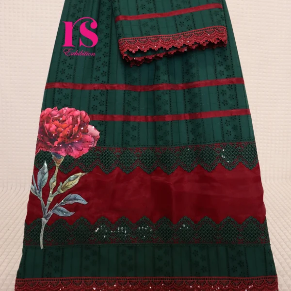 Beautifull Green Hakoba With Rose Patch Work In Tikri