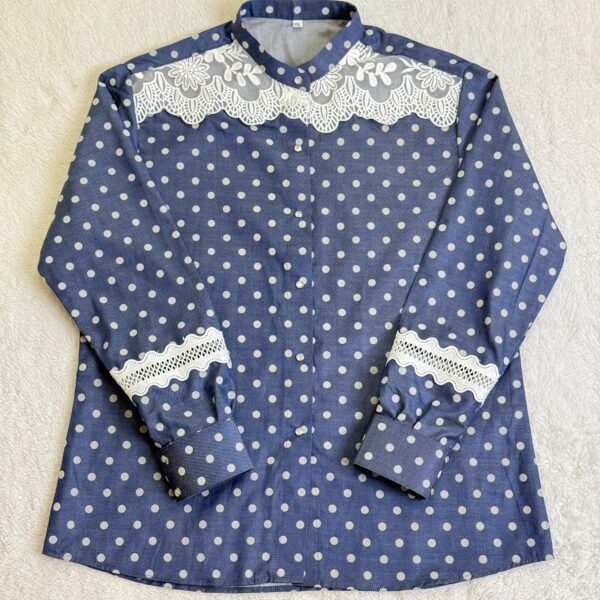 Polka Dots Denim Shirt With Pretty Lace Collar